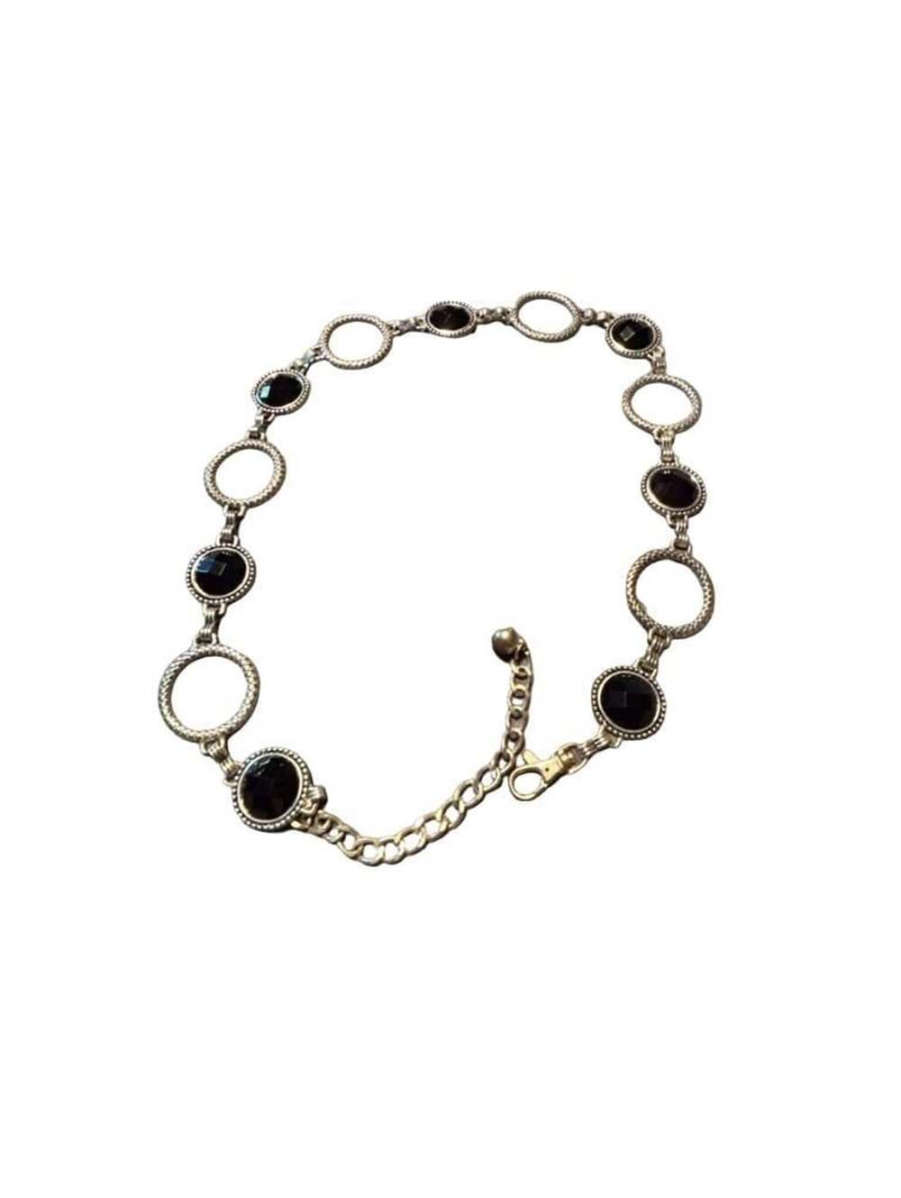 Vintage Silver Tone Chain Belt Black Faceted Stone Links. belt